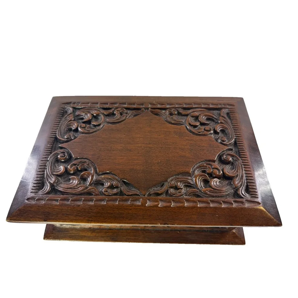 Vintage 1970s Thai Hand Carved Teak Jewelry Box Velvet Lining Tony M. Chiangmai